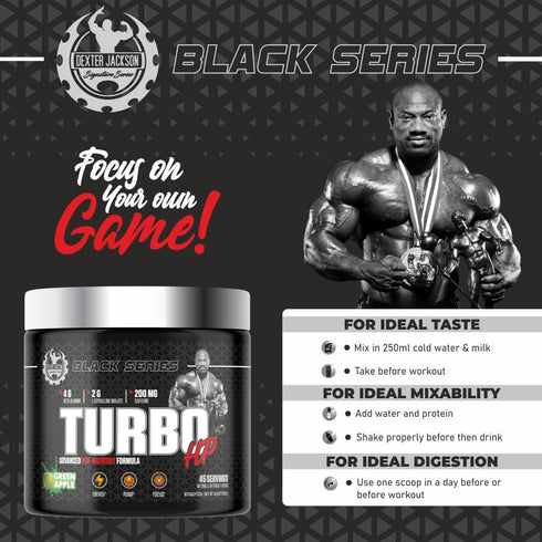 Dexter Jackson Black Series Turbo HP Pre Workout, 45 Servings, 450 Gram, Flavoured, Green Apple
