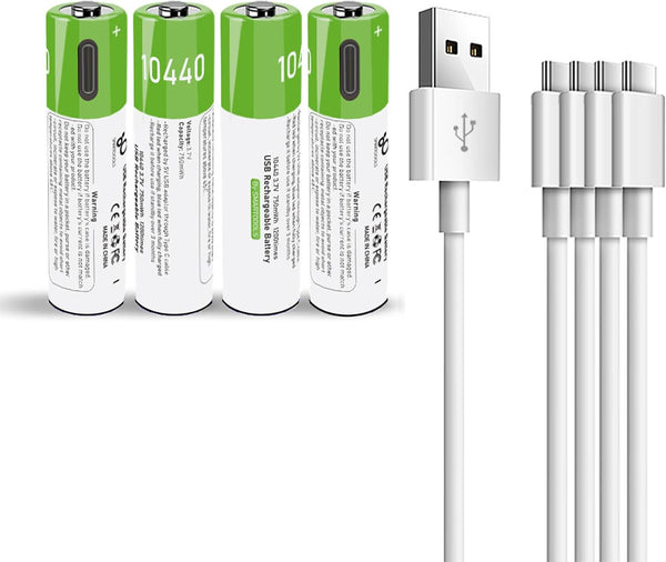 4 Pack Rechargeable 10440 Batteries, Lithium Ion 3.7 Volts, 750mWh with 4 in 1 USB Type C Charger