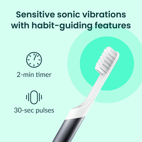 Quip Sonic Toothbrush for Adults - Includes Extra Brush Head, Travel Cover Mount, Soft Bristle, Metal Handle, Slate