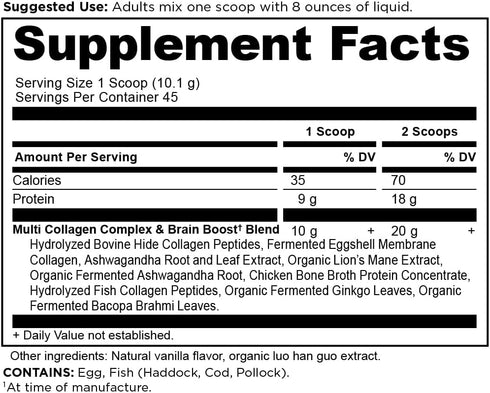 Collagen Powder Brain Boost by Ancient Nutrition, Vanilla Collagen Protein Powder, 45 Serving Supplement for Stress