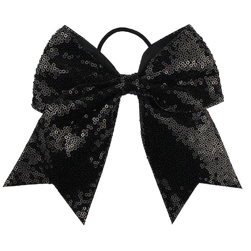 Sequin Black Cheer Bows, Caenagrion 12 PCS 7" Large Cheer Hair Bows Ponytail Holder Elastic Band Handmade for Cheerleaders Teen Girls College Sports(Sequin Black)