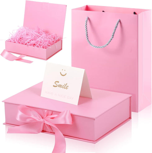 Zonon Back to School Gift Boxes, 9 x 7 x 3'' Luxury Gift Bags with Lid, Ribbon, Greeting Card, Tissue Paper (Pink)