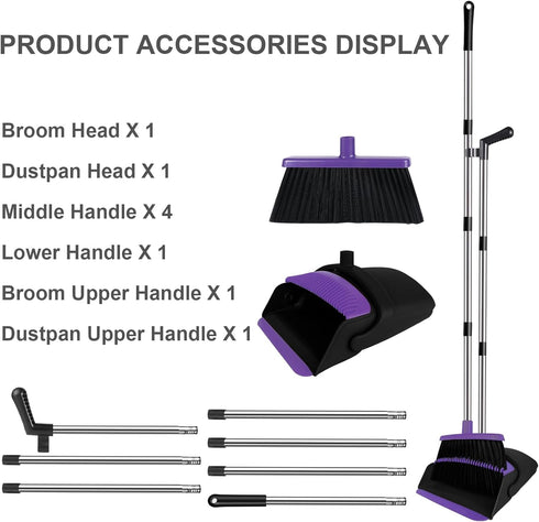 Set, 51" Set Set Broom with Dustpan Combo Household Dustpans and Broom, Standing Dust Pan for Home, Purple Cleaning