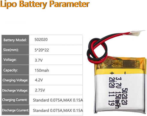 HRYHWASE 3.7V 150mAh 502020 Pack Lithium Polymer Battery Lipo Rechargeable Replacement Lithium Ion Battery for Toy