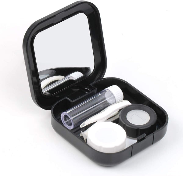 AHIER Portable Contact Lens Case Travel Kit, Mirror + Bottle + Tweezers Holder, Black
