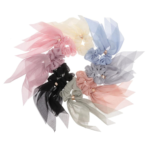 VALICLUD 8PCS Double Layer Bowknot Chiffon Hair Scarf Scrunchies - Elastic Ribbon Hair Ties for Women and Girls