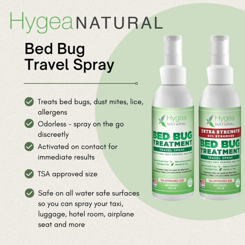 Bed Bug & Mite Extra Strength 3oz Travel Spray by Hygea Natural –TSA approved - New Formula 66% Stronger- Stain & Scent Free Treatment – Natural Formula - Child & Pet Safe