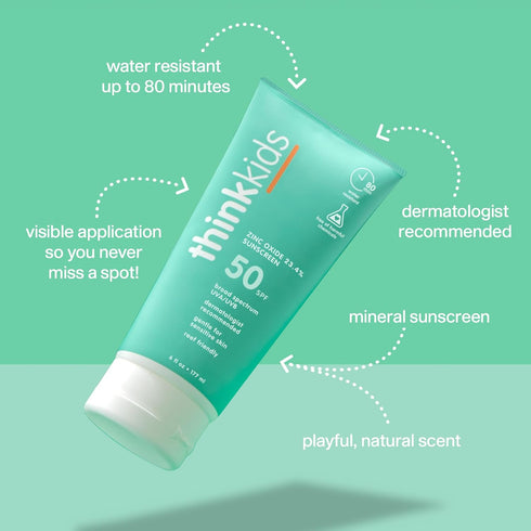 Thinksport Kids SPF 50+ Mineral Sunscreen – Safe, Natural Sunblock for Children - Water Resistant Sun Cream – Broad Spectrum UVA/UVB Sun Protection – Reef Friendly Sun Lotion, 6oz