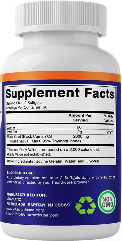 Vitamatic Black Seed Oil Capsules, 2000 mg per Serving, 120 Softgels, Cold Pressed, Supports Immune Response
