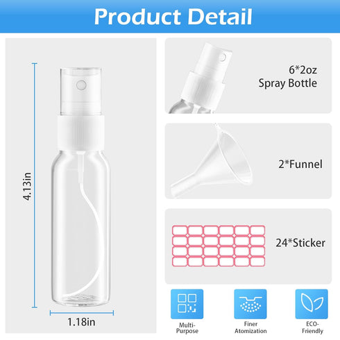 Spray Bottles, 2oz Clear Empty Fine Mist Plastic Mini Travel Bottle Set with Funnels & Labels (6 Pack)