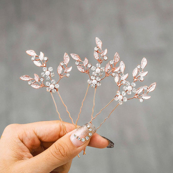 Heread Leaf Bride Wedding Hair Pins - Crystal Bridal Head Dress Pearl Hair Accessories for Women and Girls, Pack of 3,