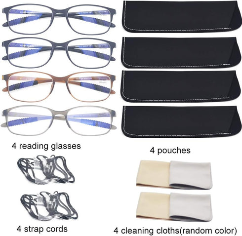 4 Pack Computer Blue Light Blocking Reading Glasses, Flexible Lightweight Anti Eyestrain Readers for Men & Women +1.00