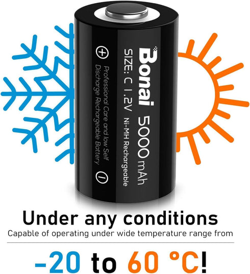 BONAI Rechargeable C Batteries, 5000mAh 1.2V Ni-MH High Capacity C Size Battery (4 Pack)