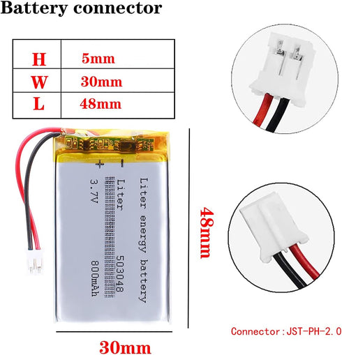 3.7V Lipo Battery 800mAh, Rechargeable Lithium Ion Polymer Battery 503048 with JST Connector