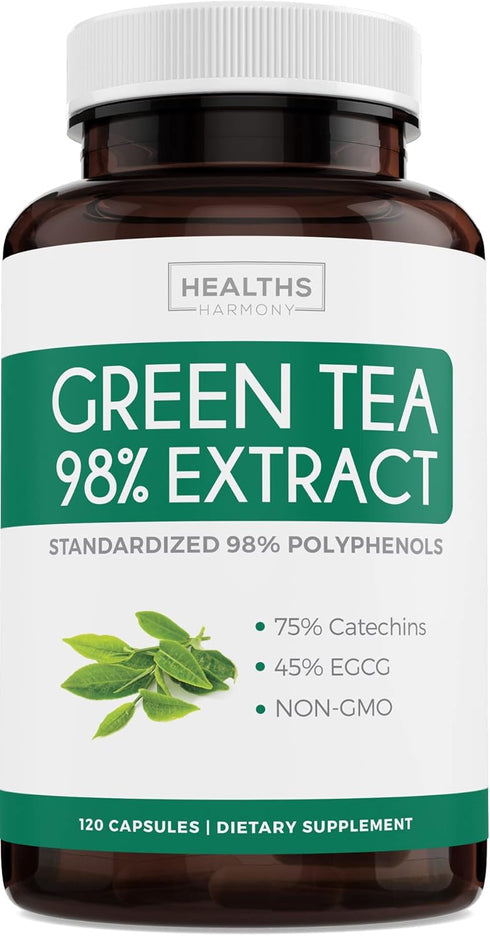 Green Tea Extract Capsules 98% with EGCG, 120 Count, Non-GMO, Natural Metabolism Boost, Antioxidant Supplement