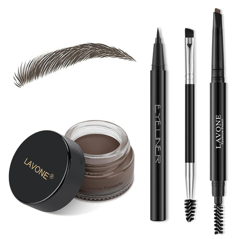LAVONE Eyebrow Stamp Pencil Kit - Waterproof Brow Stamp Trio with Eyeliner, Pomade & Dual-ended Brush - Black Brown