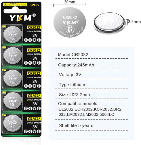 YKM 5 Pack CR2032 3V DL2032 (5 Lithium Battery Ring Sensor Battery for Watch Car Remote Years Shelf Life)
