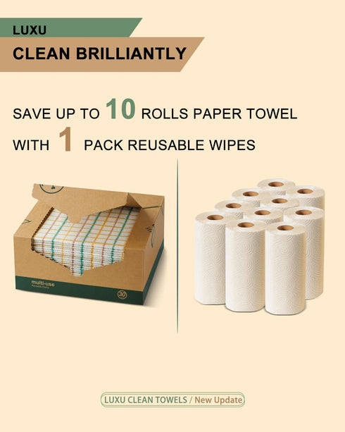 LUXU Reusable Cleaning Wipes, 60 Count Heavy Duty Multi-Use Cloths, Biodegradable Dish Paper Towels for Domestic