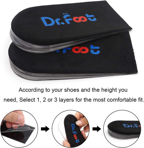 Dr.Foot Adjustable Orthopedic Heel Lift Inserts - Height Increase Insole for Heel Pain, Black, 3 Layers