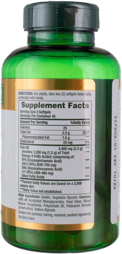 Nature's Bounty Fish Oil 2400 mg Double Strength - Odorless 90 Softgels (Pack of 3)