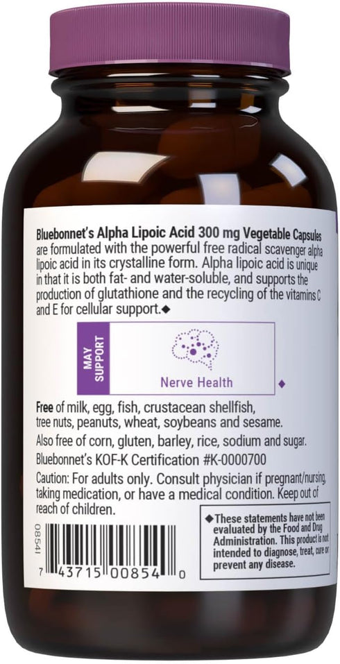 BlueBonnet Alpha Lipoic Acid 300mg, 60 Vegetable Capsules, Non-GMO, Vegan