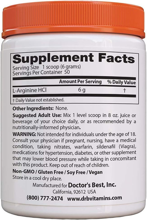 Doctor's Best L-arginine HCL Powder, non-gmo, vegan, Gluten Free, Soy Free, Helps Promote Muscle Growth, 300g