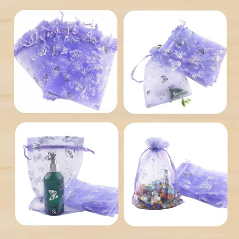 QIANHAILIZZ 5 x 7 Inch 100 Liac Butterfly Organza Jewelry Gift Pouch, Candy Pouch Drawstring Wedding Favor Bags