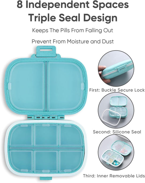 Holii Travel Pill Organizer, 8 Compartments Portable Pill Case, Daily Pill Box for Vitamins, Small Pill Container