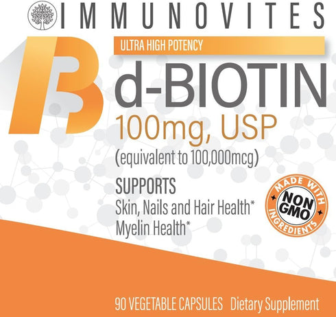 High Dose Biotin (as d-Biotin, USP) 100mg, 90 Capsules, High Potency