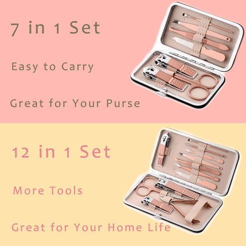 Pink Manicure Set, Portable Beauty Tool Kit with Nail Clipper, 7 in 1 Stainless Steel in Luxury Leather Case