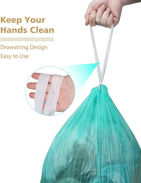 AYOTEE Small Trash Bags, 2 Gallon Drawstring Compostable Trash Bags, 50 Count Green Bathroom Waste Basket Liners