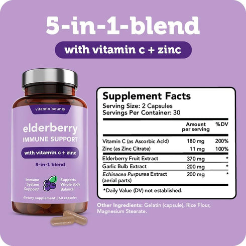 Vitamin Bounty Organic Elderberry Capsules for Adults - Immune Support with Vitamin C, Zinc & Echinacea - 60 Capsules