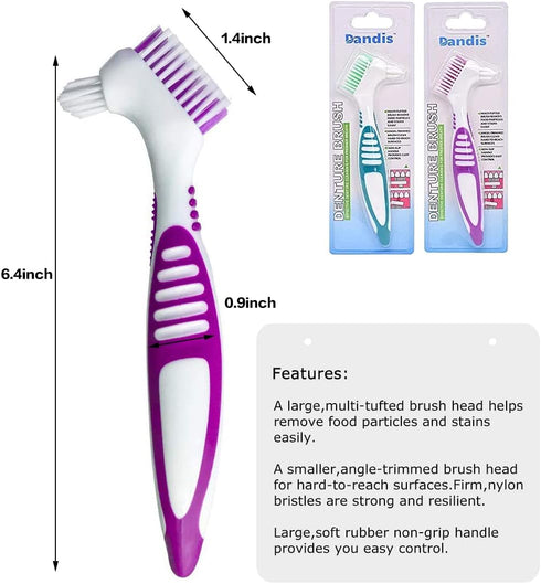 Premium Hygiene Denture Cleaning Brush Set - Multi-Layered Bristles & Ergonomic Handle for Denture Care (Purple & Green)