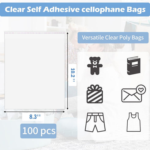 COIDEA 100 Pcs T Shirt Bags, Cellophane Bags 8.3x10.2 Inches for Clothes, Cellophane Resealable Clear Poly Bags, Plastic Bags for Clothes, Decorative Wrappers, Party Favors, Artwork and More