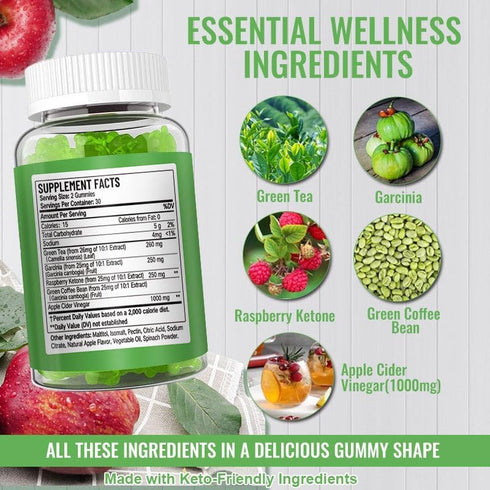GummiesApple GummiesVegan, Gluten-Free60 Gummies ACV Wellness Cider Vinegar with Green Tea&Botanical ExtractsDaily