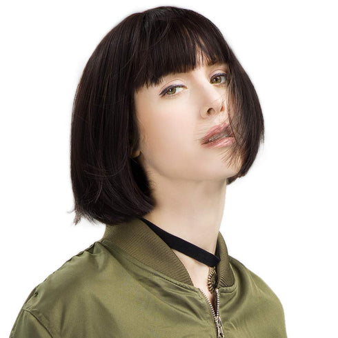 REECHO 11" Short Bob Wig with Bangs, Synthetic Hair for Women, Color: Black Brown