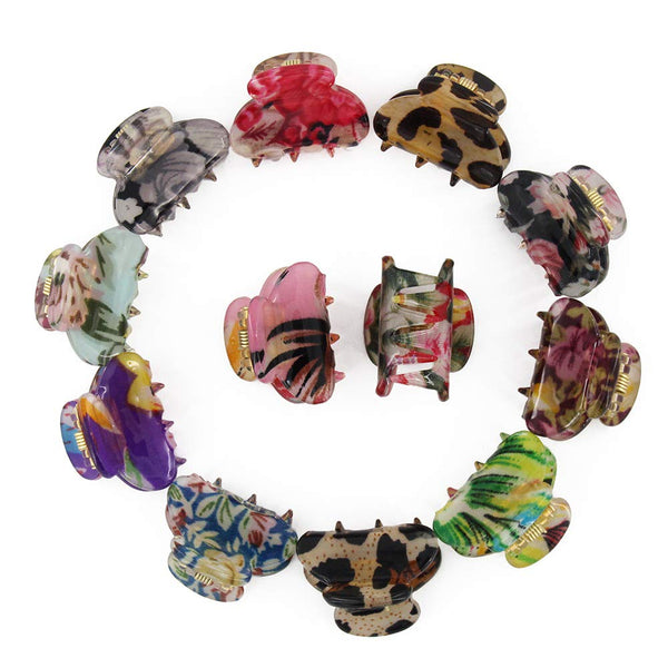 Mini 1.2 Inch Plastic No-Slip Grip Jaw Hair Clip, Floral Printed Small Acrylic Hair Claw Clips, Pack of 12