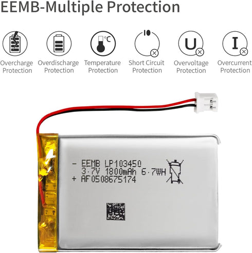 EEMB 3.7V 1800mAh 103450 Lipo Lithium Polymer Battery Pack with 2 Wires JST 2.0mm Connector for Speaker and Wireless