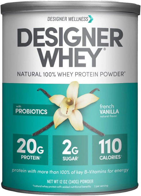 Designer Wellness 100% Whey Protein Powder, Natural French Vanilla, 12 oz, Probiotics, Fiber, Gluten-free, Non-GMO,