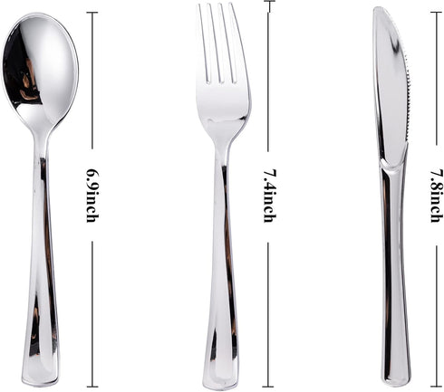 N9R 120PCS Silver Plastic Silverware, Silver Plastic Cutlery Set Disposable Flatware Dinnerware -60 Silver Forks, 30 Silver Spoons, 30 Silver Knives for Wedding, Party, Daily Use Silver Utensils by N9R