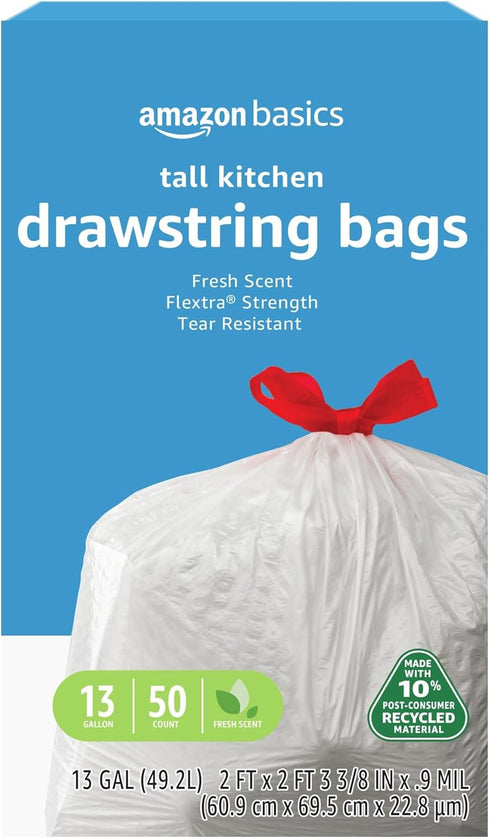 Amazon Basics Flextra Tall Kitchen Drawstring Trash Bags, 50 Count, 13 Gallon, Clean Fresh Scent, 10% Recycled Content