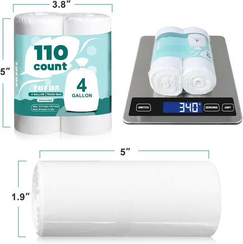 YUFDA 4 Gallon Trash Bags, 110 Count, Small Trash Bags for Bathroom, White, Point-Break Design