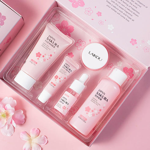 Sakura Skincare Kit for Teenage Girls - 5Pcs Travel Present Set with Cleanser, Toner, Serum, Eye Cream, Face Cream