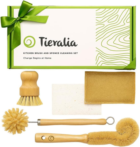 Tieralia Bamboo Dish Brush Gift Set 5-Piece Kitchen Cleaning Set with Bottle