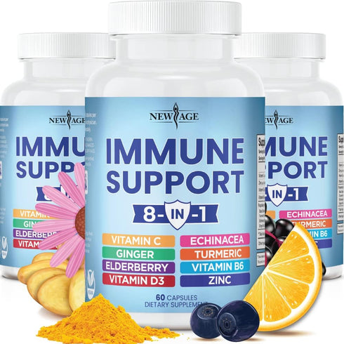 NEW AGE 8 in 1 Immune Support Booster Supplement with Echinacea, Vitamin C, Zinc 50mg, Vitamin D 5000 IU, Turmeric
