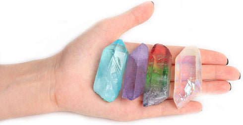 JIC Gem 4 pcs Healing Crystal Single Point Wand - Auqa Aura, Angel Aura, Angel Amethyst, Tourmaline