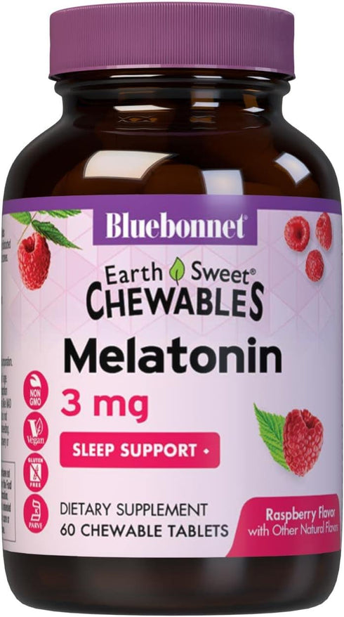 Bluebonnet Nutrition EarthSweet Melatonin 3 mg Sleep Aid, 60 Chewable Tablets, Raspberry Flavor
