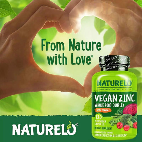 NATURELO Vegan Zinc Immune Support Capsules, Whole Food Complex with Vitamin C, 120 Capsules