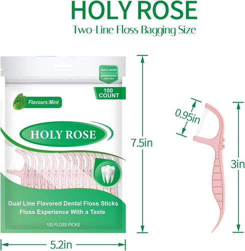Holy Rose Dual-Line Dental Floss Picks, Pink Flossers 300 Count, Mint Flavored for Oral Cleaning & Fresh Breath