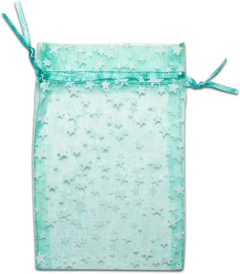 100-Pack 3x4 Sheer Organza Drawstring Gift Bags (Small), Metallic Stars (Teal/White) for Wedding Party Favors